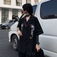 Dragon Embroidery Vintage Black Blouse Button Down Casual Loose Short Sleeve Tee Shirt T-shirt Top E-Girl Kawaii Korean Japanese Harajuku Streetwear - Thumbnail 2