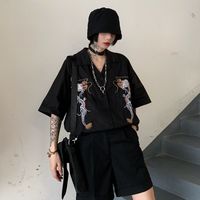 Dragon Embroidery Vintage Black Blouse Button Down Casual Loose Short Sleeve Tee Shirt T-shirt Top E-Girl Kawaii Korean Japanese Harajuku Streetwear - Thumbnail 3