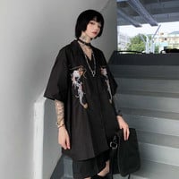 Dragon Embroidery Vintage Black Blouse Button Down Casual Loose Short Sleeve Tee Shirt T-shirt Top E-Girl Kawaii Korean Japanese Harajuku Streetwear - Thumbnail 4