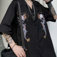Dragon Embroidery Vintage Black Blouse Button Down Casual Loose Short Sleeve Tee Shirt T-shirt Top E-Girl Kawaii Korean Japanese Harajuku Streetwear - Thumbnail 5
