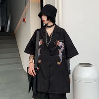 Dragon Embroidery Vintage Black Blouse Button Down Casual Loose Short Sleeve Tee Shirt T-shirt Top E-Girl Kawaii Korean Japanese Harajuku Streetwear - Thumbnail 6