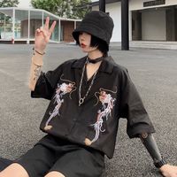 Dragon Embroidery Vintage Black Blouse Button Down Casual Loose Short Sleeve Tee Shirt T-shirt Top E-Girl Kawaii Korean Japanese Harajuku Streetwear - Thumbnail 7