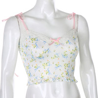 Lace Frill Floral Print Crop Top Summer Sleeveless Camisole Causal E-Girl Kawaii Korean Japanese Harajuku Streetwear - Thumbnail 3