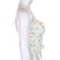 Lace Frill Floral Print Crop Top Summer Sleeveless Camisole Causal E-Girl Kawaii Korean Japanese Harajuku Streetwear - Thumbnail 4