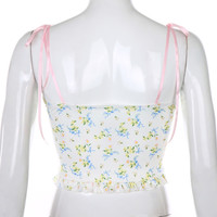 Lace Frill Floral Print Crop Top Summer Sleeveless Camisole Causal E-Girl Kawaii Korean Japanese Harajuku Streetwear - Thumbnail 5