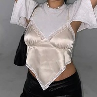 Sexy Bandage Lace Trim Sweet Satin V Neck Crop Top Camisole Spaghetti Strap Backless Shirt E-Girl Kawaii Korean Japanese Harajuku Streetwear - Thumbnail 1