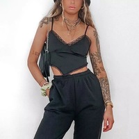 Sexy Bandage Lace Trim Sweet Satin V Neck Crop Top Camisole Spaghetti Strap Backless Shirt E-Girl Kawaii Korean Japanese Harajuku Streetwear - Thumbnail 4