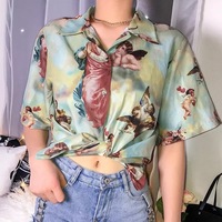 Classic Angel Print Loose Thin Shirt Blouse Summer Bottom Short Sleeve Tee Shirt T-shirt E-Girl Kawaii Korean Japanese Harajuku Streetwear - Thumbnail 1