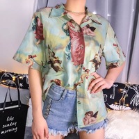 Classic Angel Print Loose Thin Shirt Blouse Summer Bottom Short Sleeve Tee Shirt T-shirt E-Girl Kawaii Korean Japanese Harajuku Streetwear - Thumbnail 3