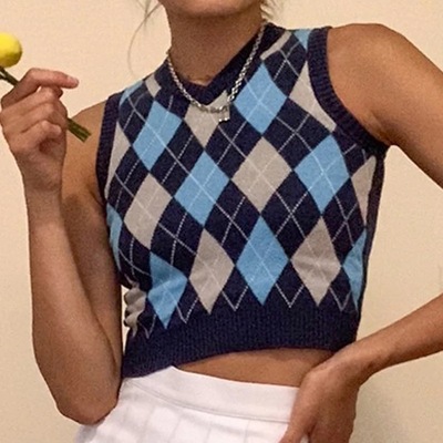 Vintage Plaid V Neck Sleeveless Sweater Vest Knit Crop Top Preppy Causal Pullover E-Girl Kawaii Korean Japanese Harajuku Streetwear