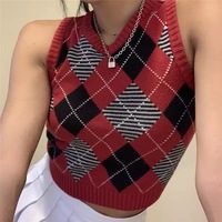 Vintage Plaid V Neck Sleeveless Sweater Vest Knit Crop Top Preppy Causal Pullover E-Girl Kawaii Korean Japanese Harajuku Streetwear - Thumbnail 1