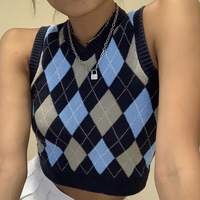 Vintage Plaid V Neck Sleeveless Sweater Vest Knit Crop Top Preppy Causal Pullover E-Girl Kawaii Korean Japanese Harajuku Streetwear - Thumbnail 5