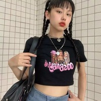 Sexy Pink Cartoon Doll Print Short Sleeve Shirt Crop Top Tee T-shirt Top Causal Summer E-Girl Kawaii Korean Japanese Harajuku Streetwear - Thumbnail 2