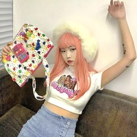 Sexy Pink Cartoon Doll Print Short Sleeve Shirt Crop Top Tee T-shirt Top Causal Summer E-Girl Kawaii Korean Japanese Harajuku Streetwear - Thumbnail 3