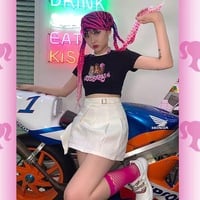 Sexy Pink Cartoon Doll Print Short Sleeve Shirt Crop Top Tee T-shirt Top Causal Summer E-Girl Kawaii Korean Japanese Harajuku Streetwear - Thumbnail 4