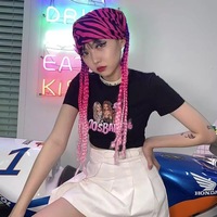 Sexy Pink Cartoon Doll Print Short Sleeve Shirt Crop Top Tee T-shirt Top Causal Summer E-Girl Kawaii Korean Japanese Harajuku Streetwear - Thumbnail 5