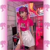 Sexy Pink Cartoon Doll Print Short Sleeve Shirt Crop Top Tee T-shirt Top Causal Summer E-Girl Kawaii Korean Japanese Harajuku Streetwear - Thumbnail 9