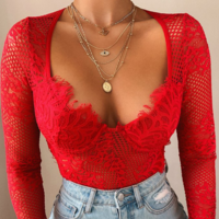Long Sleeve Sexy Lace One-Piece Top - Thumbnail 1