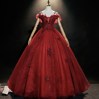 Burgundy lace long ball gown dress formal dress - Thumbnail 5