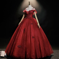 Burgundy lace long ball gown dress formal dress - Thumbnail 4