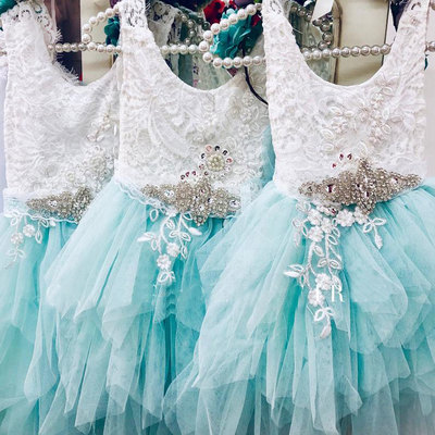 Blue flower girl dresses with appliques lace - Thumbnail 4
