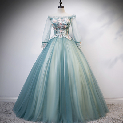 Green tulle lace long ball gown dress formal dress - Thumbnail 4