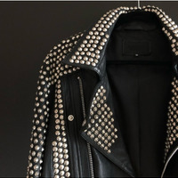 Handmade Men Rocker Black Leather Silver Studded Punk Style Jacket - Thumbnail 2