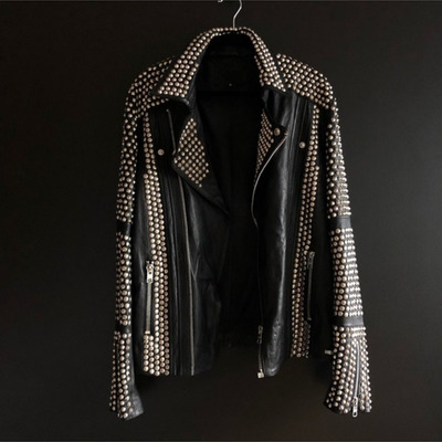 Handmade men rocker black leather silver studded punk style jacket