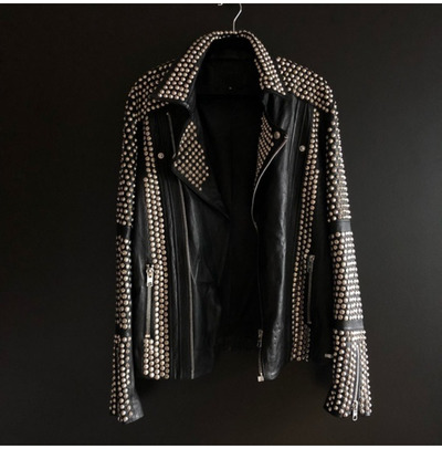 Handmade Men Rocker Black Leather Silver Studded Punk Style Jacket