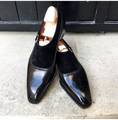 Handmade Mens Black Leather and Suede Formal Monk Shoes, Men Black Shoes