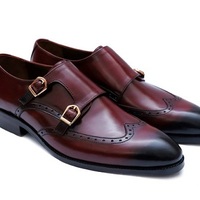 Handmade Brown Double Monk Wingtip Dress Shoes, Men Brown Leather Shoes - Thumbnail 1