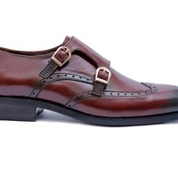 Handmade Brown Double Monk Wingtip Dress Shoes, Men Brown Leather Shoes - Thumbnail 2