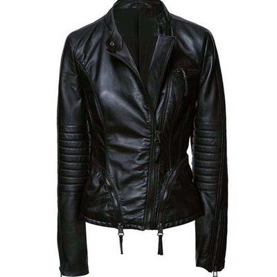 Women black biker leather jacket, sheepskin motorcycle jacket for women