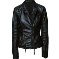 Women Black Biker Leather Jacket, Sheepskin Motorcycle Jacket for Women - Thumbnail 4