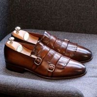 Best Men Two Tone Double Monk Strap Handmade Brogue Fringes Leather Business Shoes - Thumbnail 1