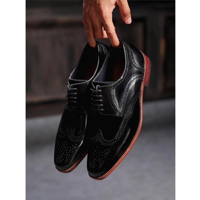 Men's oxfords black handmade wingtip leather brogue lace up formal shoes - Thumbnail 4