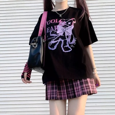 Black Bear Bow Cartoon Print Short Sleeve Tee Shirt T-shirt Top Goth Punk Causal Summer E-Girl Kawaii Korean Japanese Harajuku Streetwear