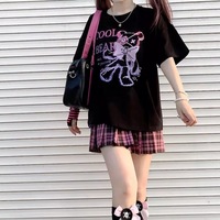 Black Bear Bow Cartoon Print Short Sleeve Tee Shirt T-shirt Top Goth Punk Causal Summer E-Girl Kawaii Korean Japanese Harajuku Streetwear - Thumbnail 3