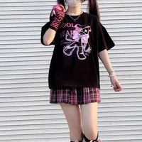 Black Bear Bow Cartoon Print Short Sleeve Tee Shirt T-shirt Top Goth Punk Causal Summer E-Girl Kawaii Korean Japanese Harajuku Streetwear - Thumbnail 4