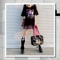 Black Bear Bow Cartoon Print Short Sleeve Tee Shirt T-shirt Top Goth Punk Causal Summer E-Girl Kawaii Korean Japanese Harajuku Streetwear - Thumbnail 7