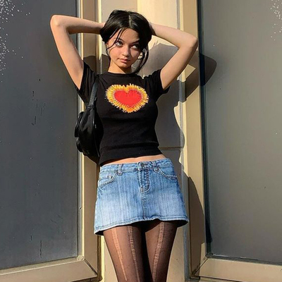 Heart Cartoon Print Short Sleeve Tee Shirt T-shirt Top Retro Vintage Causal Summer E-Girl Kawaii Korean Japanese Harajuku Streetwear