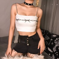 Sexy Barb Wire Print Sleeveless Shirt Crop Top Tank Camisole Metal Chain Strap Casual Punk Summer E-Girl Kawaii Korean Japanese Harajuku Streetwear - Thumbnail 1