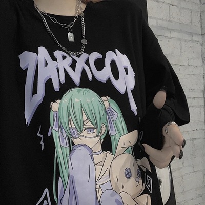 Black anime girl cartoon print vintage oversize loose short sleeve shirt t-shirt tee top goth punk e-girl kawaii korean japanese harajuku streetwear