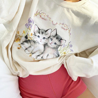 Kitten Cat Cartoon Print Sweatshirt Causal Long Sleeve Shirt Crew Neck Oversize Loose Sweater E-Girl Kawaii Korean Japanese Harajuku Streetwear - Thumbnail 9