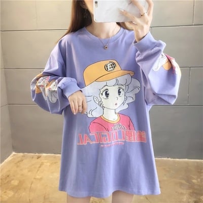 Purple anime girl cartoon print sweatshirt causal long sleeve shirt casual oversized loose sweater e-girl kawaii korean japanese harajuku streetwear - Thumbnail 5
