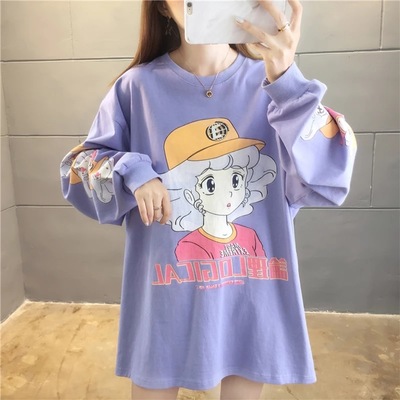 Purple Anime Girl Cartoon Print Sweatshirt Causal Long Sleeve Shirt Casual Oversized Loose Sweater E-Girl Kawaii Korean Japanese Harajuku Streetwear