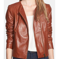 Women Brown Biker Leather Jacket, Brown Sheepskin Punk Jacket for Women - Thumbnail 4