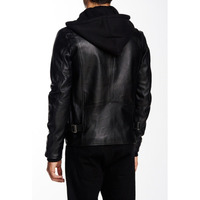 Men Black Detachable Fabric Hooded Leather Jacket Motorcycle Leather Jacket - Thumbnail 1