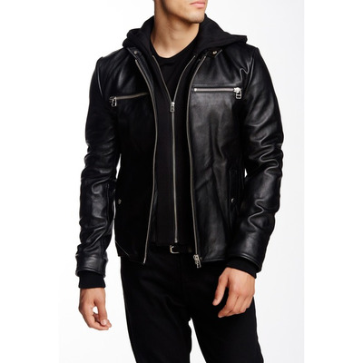 Men black detachable fabric hooded leather jacket motorcycle leather jacket