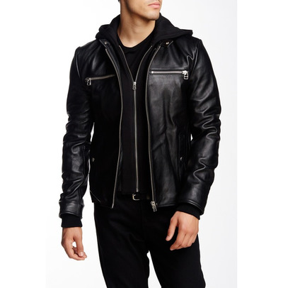 Men Black Detachable Fabric Hooded Leather Jacket Motorcycle Leather Jacket